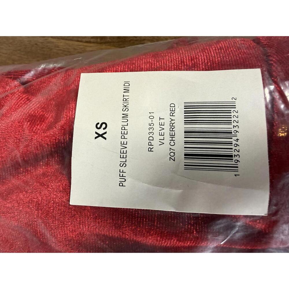 NWT Rachel Parcell Cherry Red Velvet Puff Sleeve Peplum Midi Dress Size XS - Picture 7 of 7